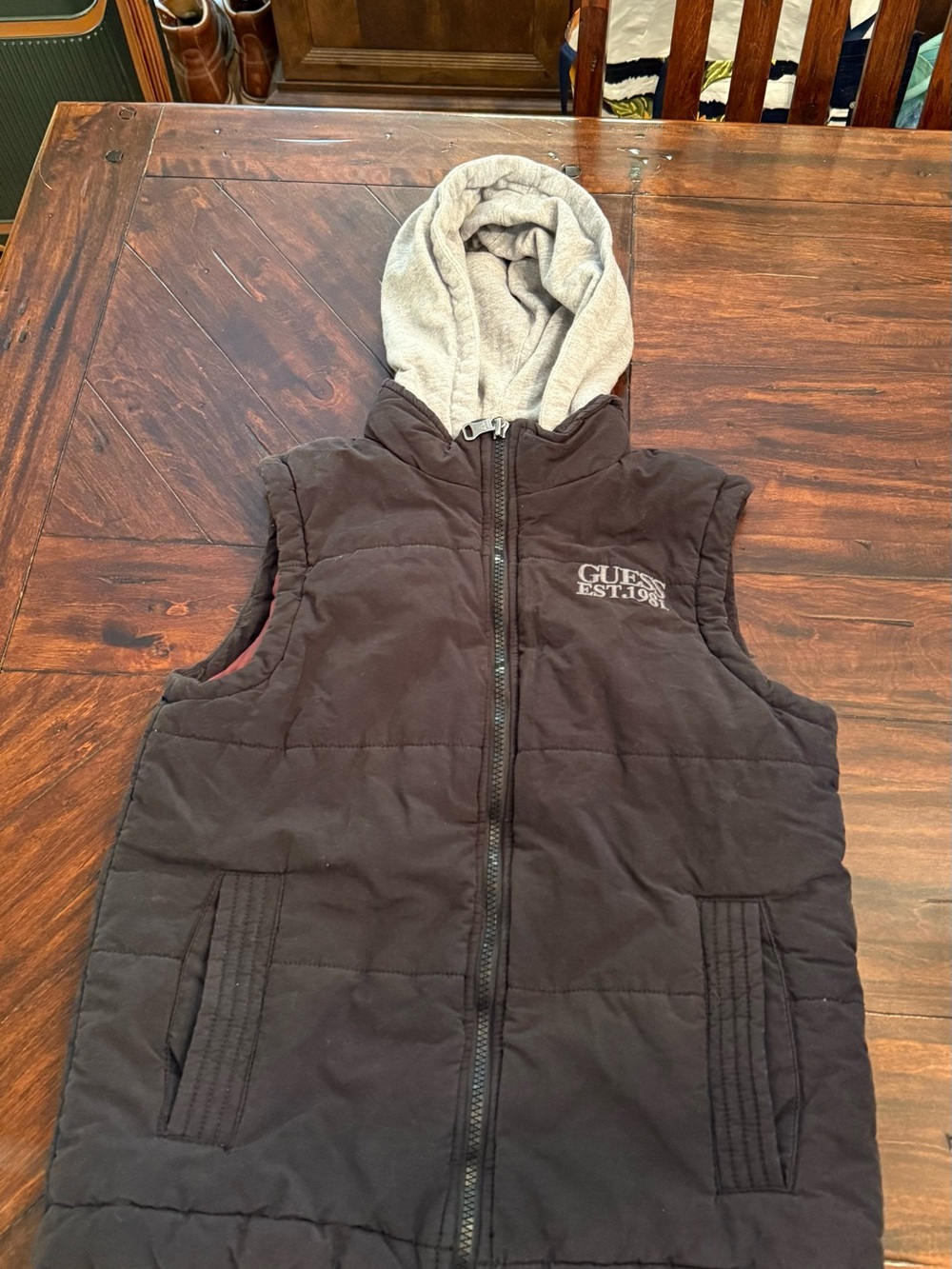 Guess Black Puffer Vest with Gray Hood
